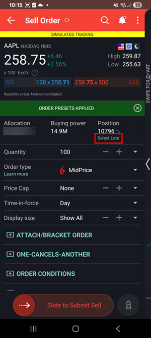 The view lots from order ticket on the android phone. 